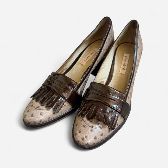 Pilar Abril Brown ostrich leather fring block heel loafers - Picture 2 of 8